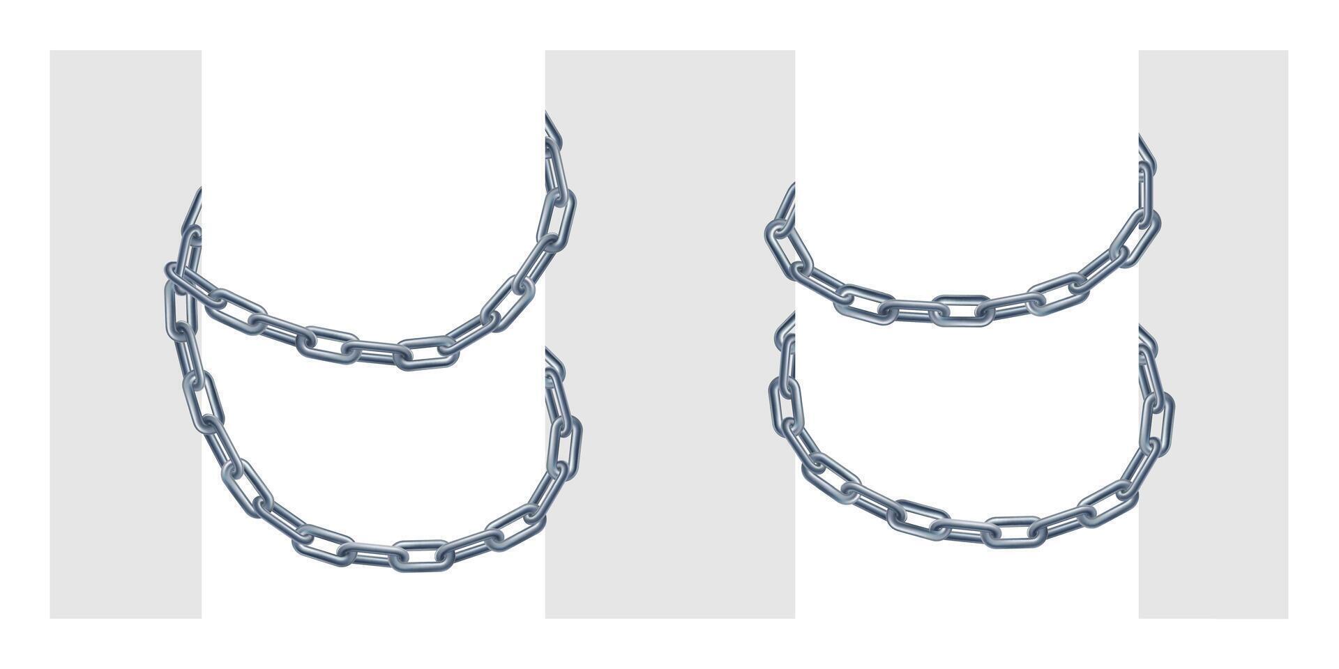 Chain wrapped around bondage, 3d silver jewelry bracelet necklace. Strong gray rings connected hanging on pillar. Locked round border for blocked content. Secret item, high risk closed concept. vector