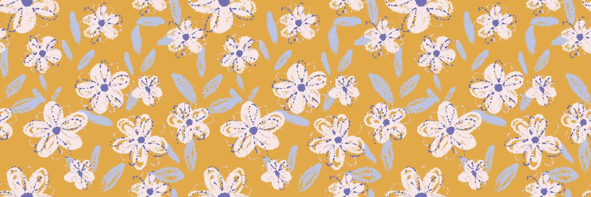 Seamless pattern with abstract flowers and leaves on a mustard yellow background. Hand drawn crayon texture floral. Template for design, ornament, cover, summer decor, stationary, fabric vector