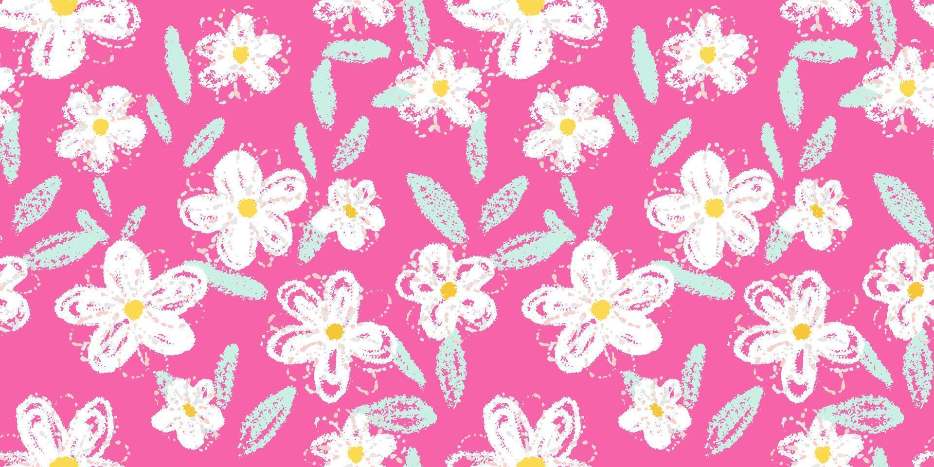 Seamless floral pattern with hand drawn crayon style flowers and textured leaves on a pink background. Template for textiles, kids decor, and wrapping paper, prints vector