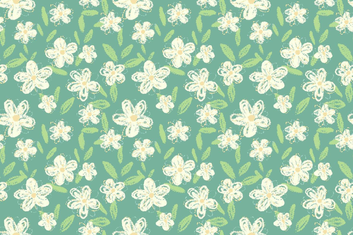 Seamless floral pattern with hand drawn flowers and green leaves on a soft mint background. Delicate, pastel design for textiles, wrapping paper, and stationery vector