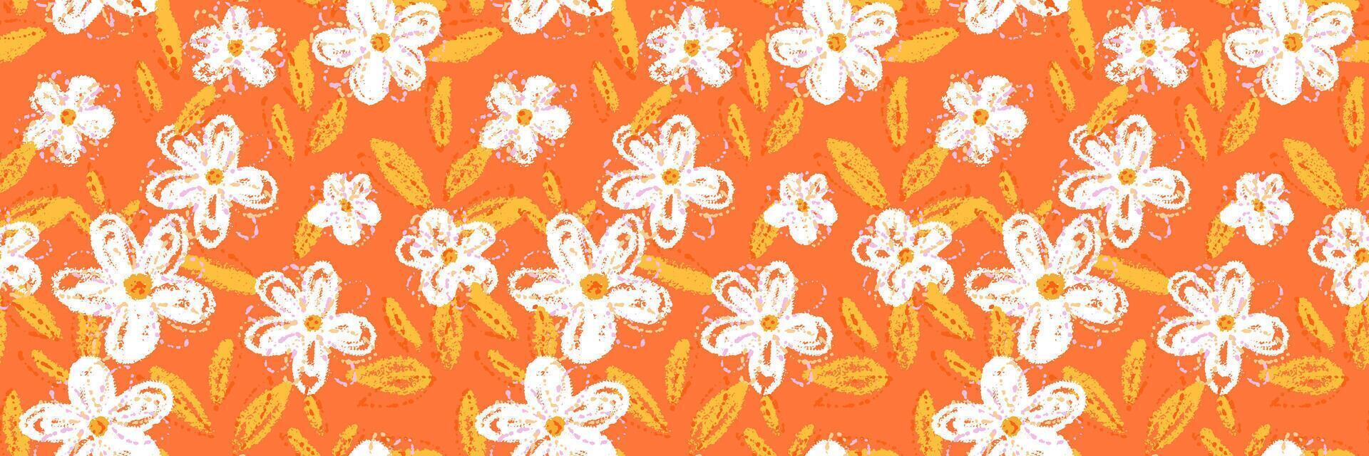 Seamless floral pattern with crayon style flowers and yellow centers on a vibrant orange background. Abstract hand drawn texture, template for summer textiles and wrapping paper vector