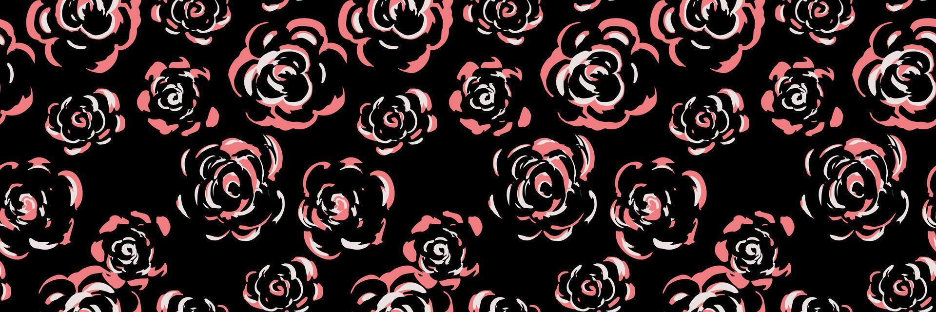 Seamless pattern with hand drawn abstract roses. Red flowers on a black background. Artistic floral design for textiles, wallpapers, decor, packaging, branding vector
