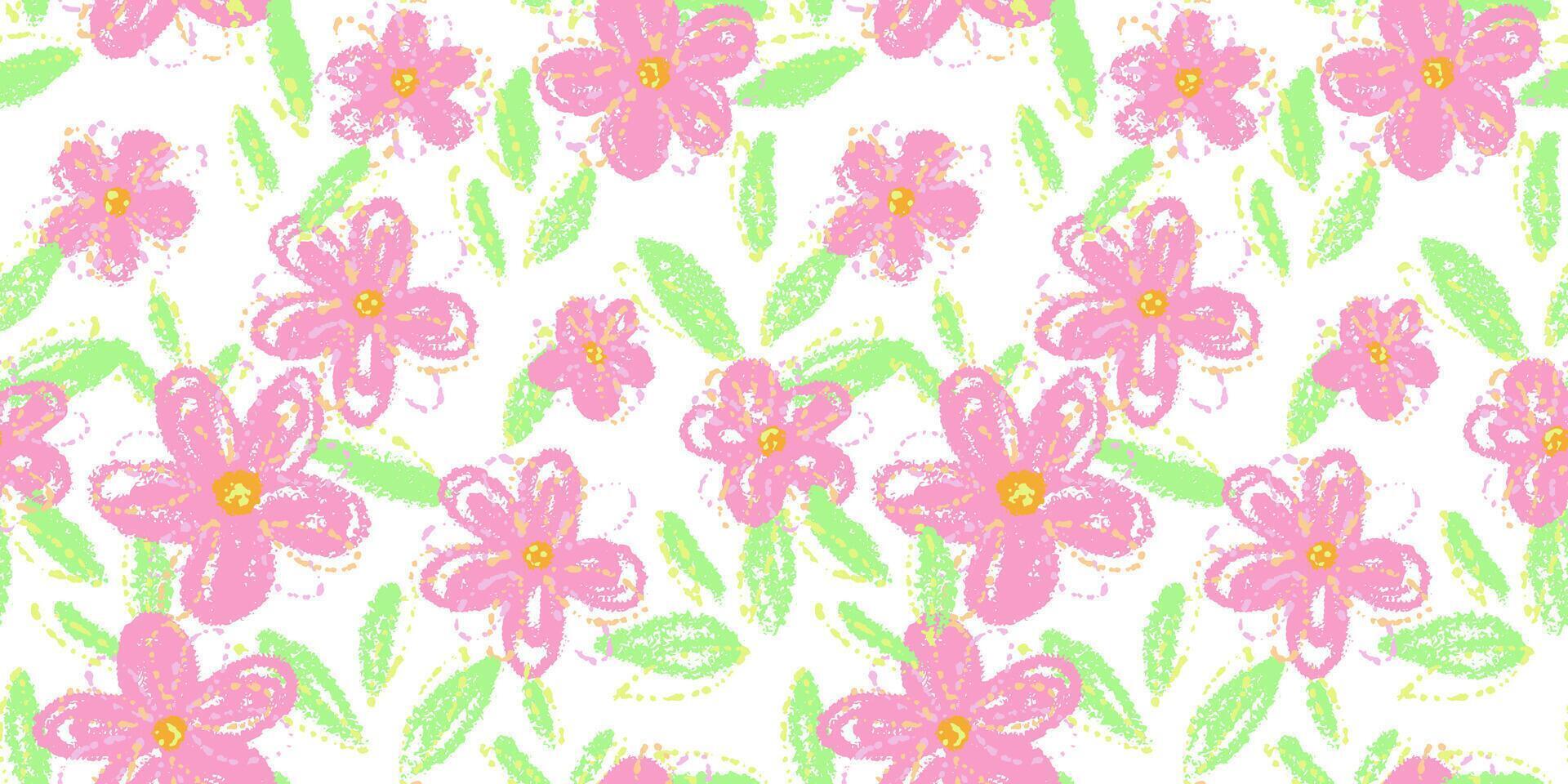 Seamless floral pattern with pink abstract daisy like flowers and green leaves with textured brush strokes. Template for textiles, wallpapers, packaging, and kids decor vector