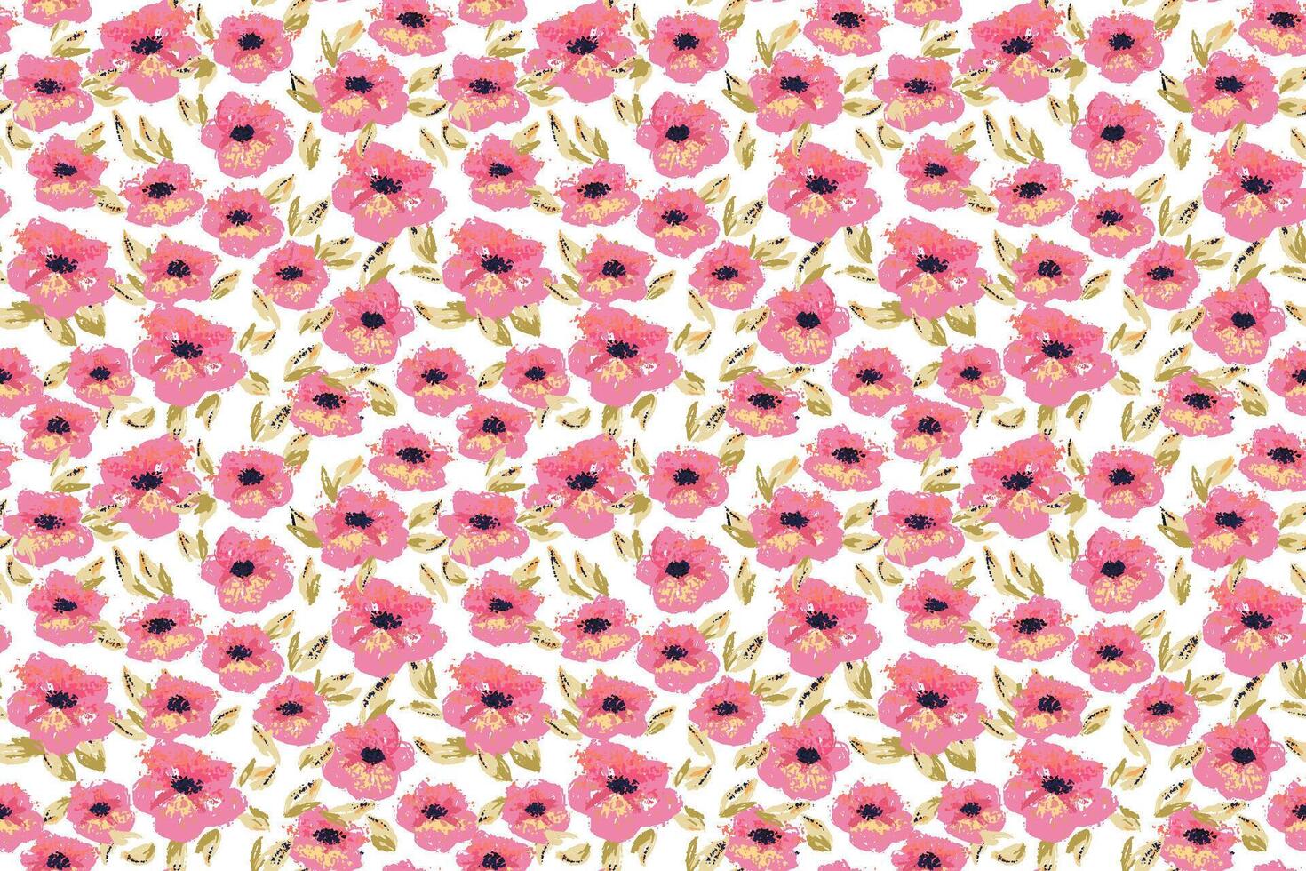 Seamless pattern of pink hand painted flowers with green leaves on white background. Artistic floral design with bold watercolor texture. Template for textiles, prints, and surface design vector