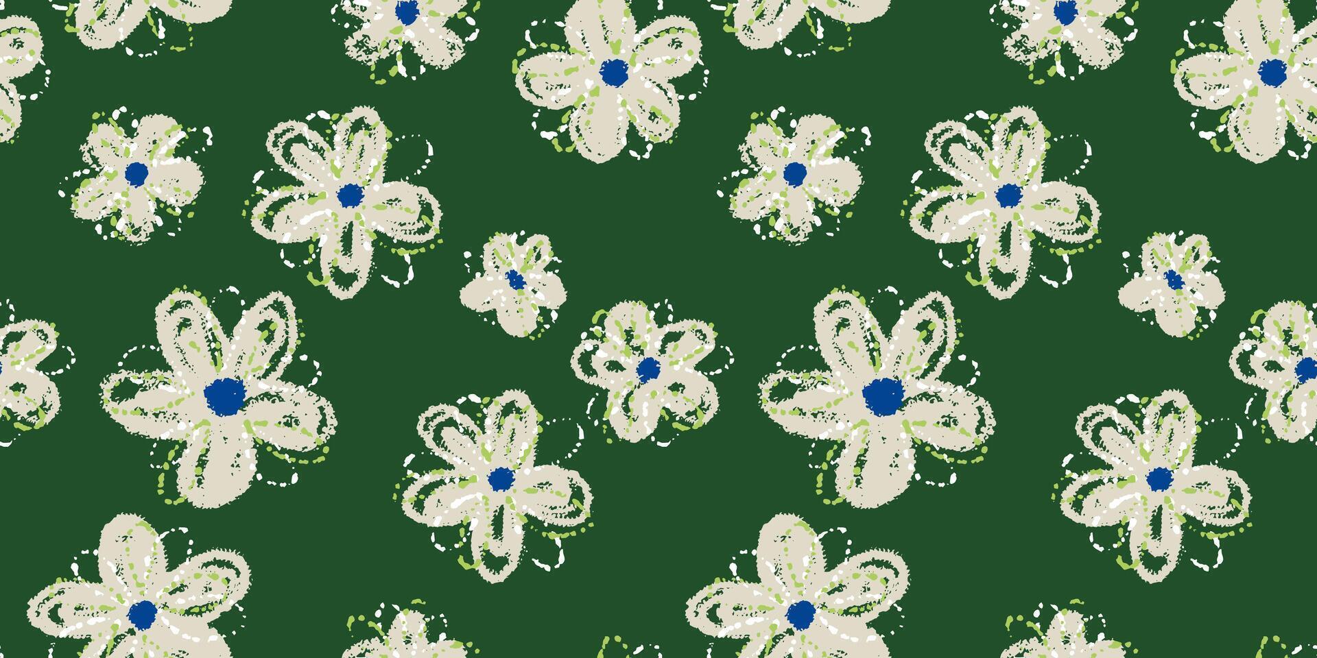 Seamless floral pattern with playful hand drawn daisies on a deep green background. Paint splashes and artistic touch. Template for design, abstract background, textiles, wrapping cover, fabric vector