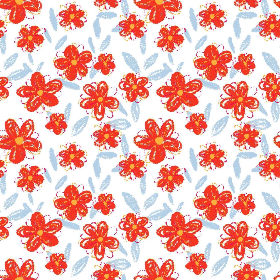 Seamless pattern with red crayon style flowers and blue leaves on a white background. Playful and vivid design for kids, textiles, wrapping paper, summer and spring theme vector