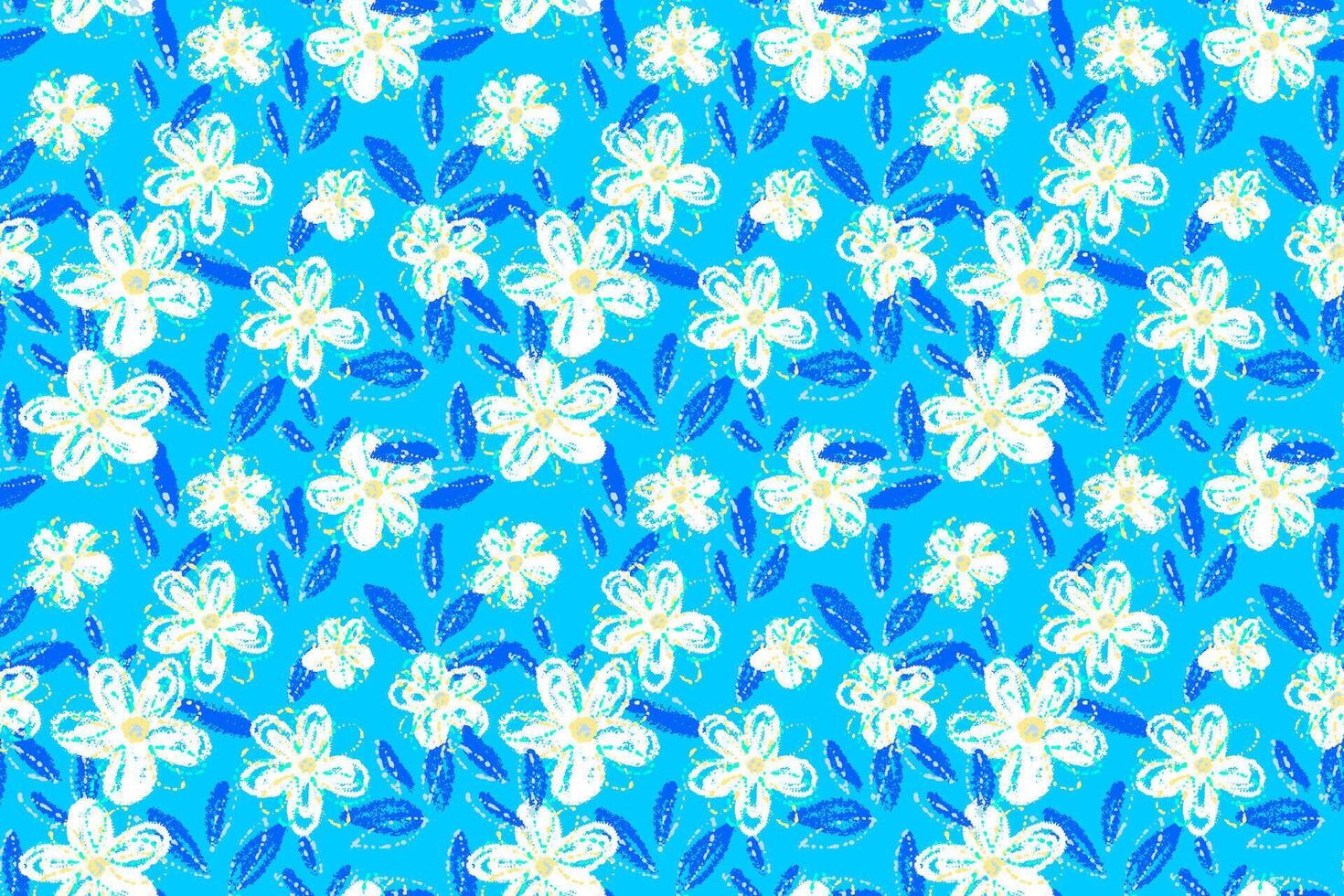 Seamless floral pattern with vivid abstract flowers and leaves on a vibrant blue background. Artistic and playful style for textiles, packaging, and stationery design vector