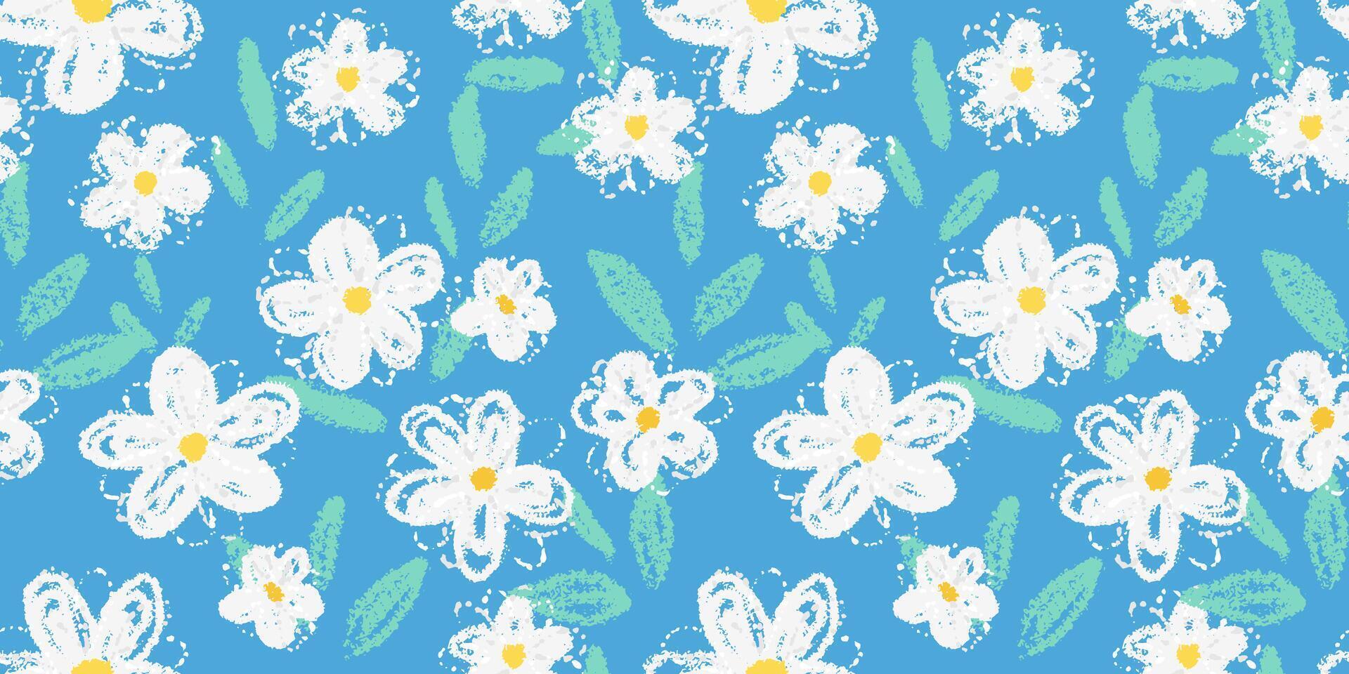 Seamless floral pattern with hand drawn white crayon style flowers, yellow centers, and textured green leaves on a vibrant blue background. Template for textiles, kids decor, and wrapping paper vector