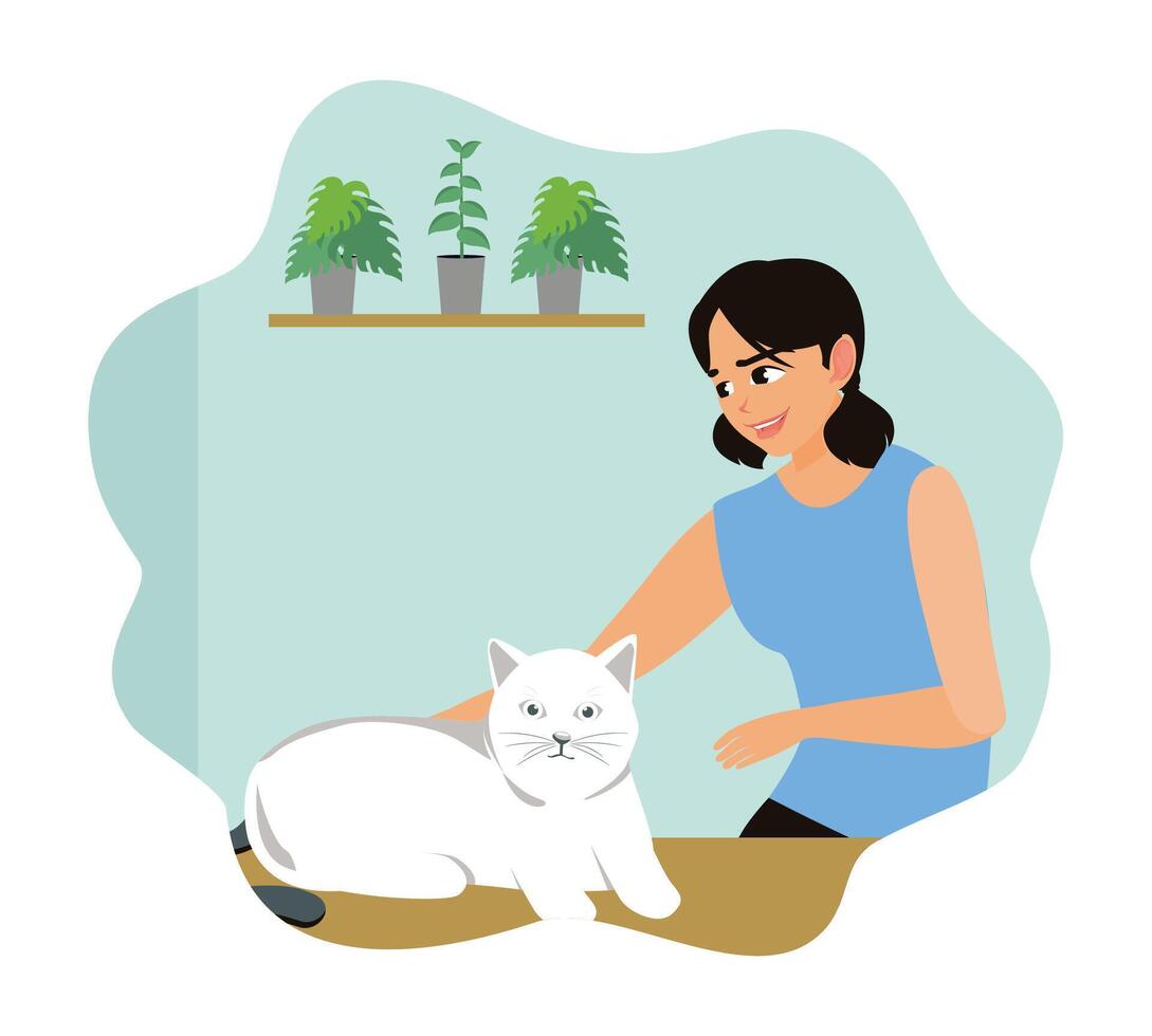 Woman with white cat and plants vector