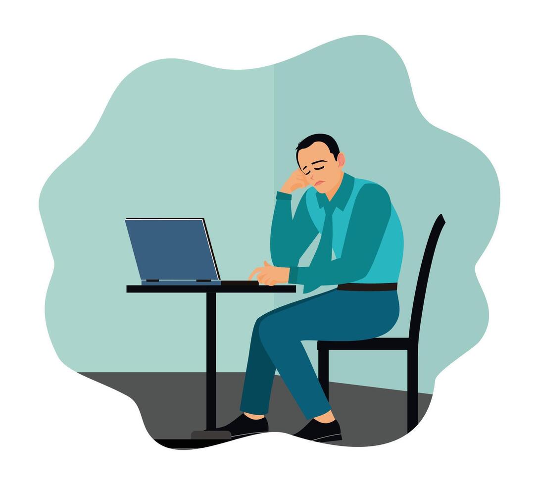 Men experience stress and fatigue while working on laptops at office desks. vector