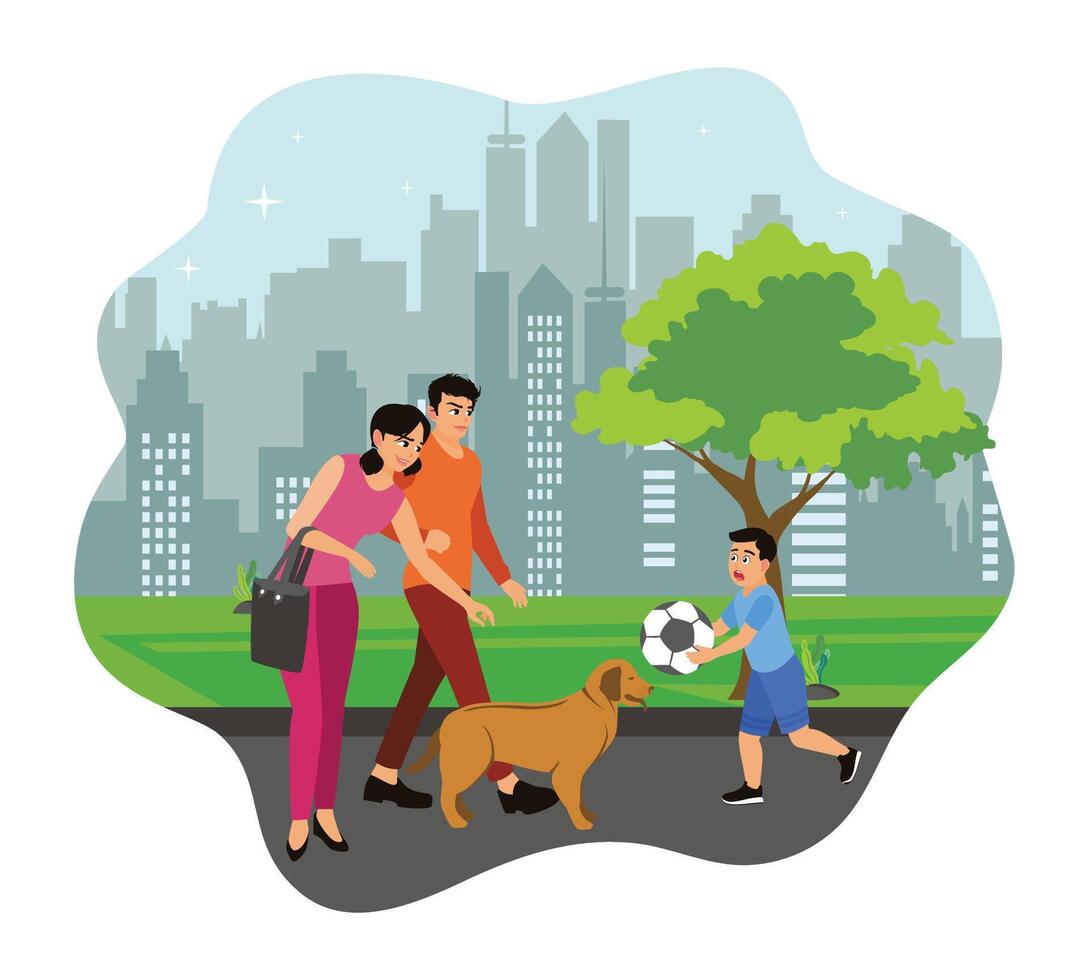 Family with dog in city park vector