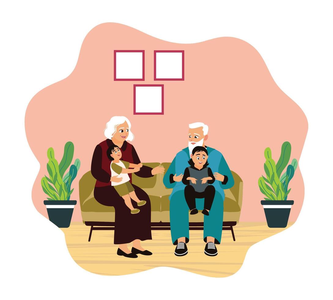 Grandparents playing with grandchildren at home. vector
