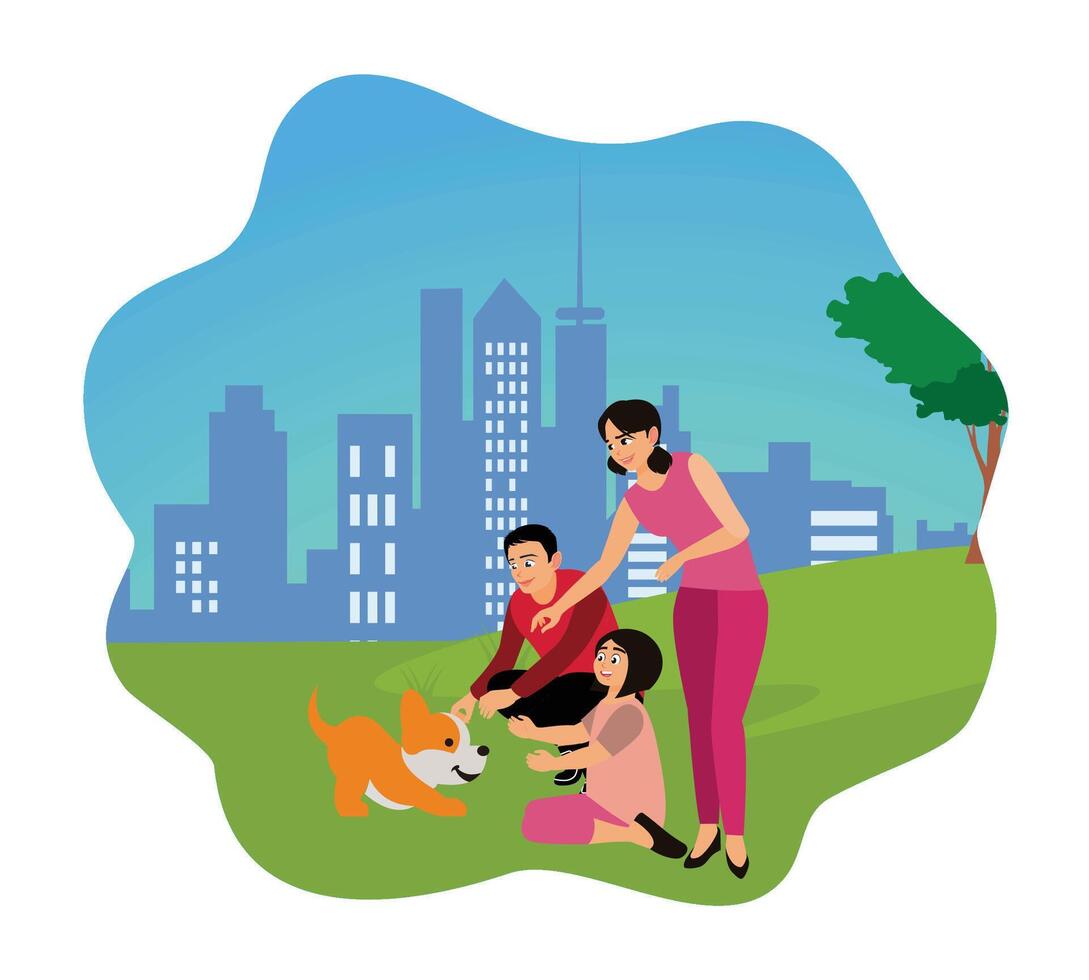 Family playing with dog in park vector