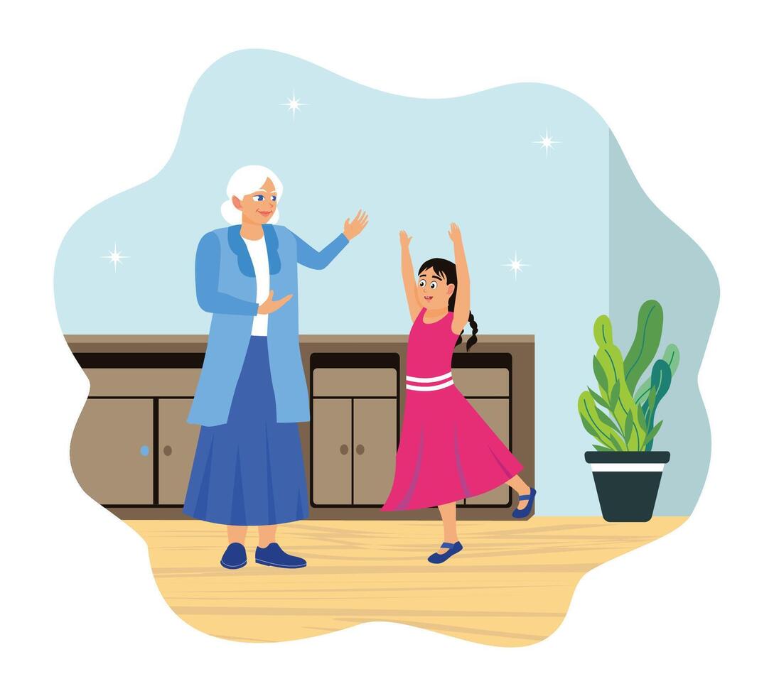 Grandmother and granddaughter joyfully dancing in the house. vector