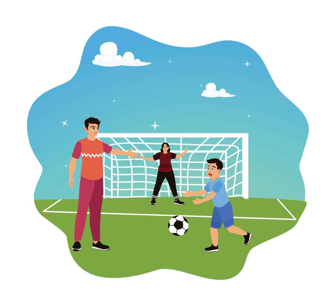 Family playing soccer on a field vector