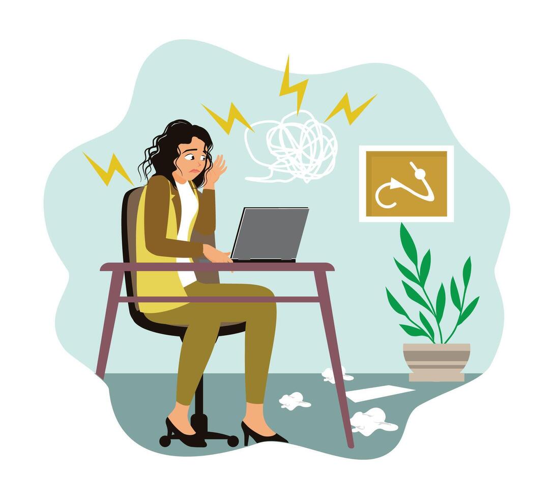 Female entrepreneurs experience problems and creative crises in front of the computer. vector