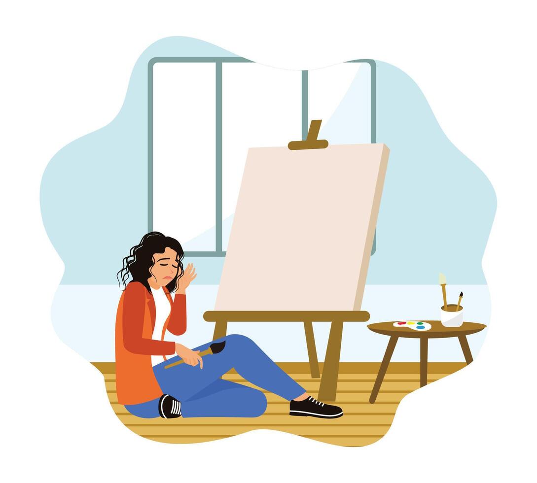 A depressed and exhausted female painter in front of a canvas. vector