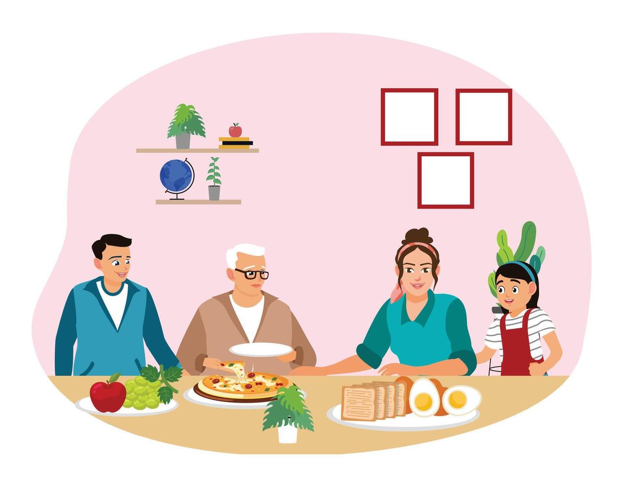 Happy grandparents eating and drinking together at the dining table. vector