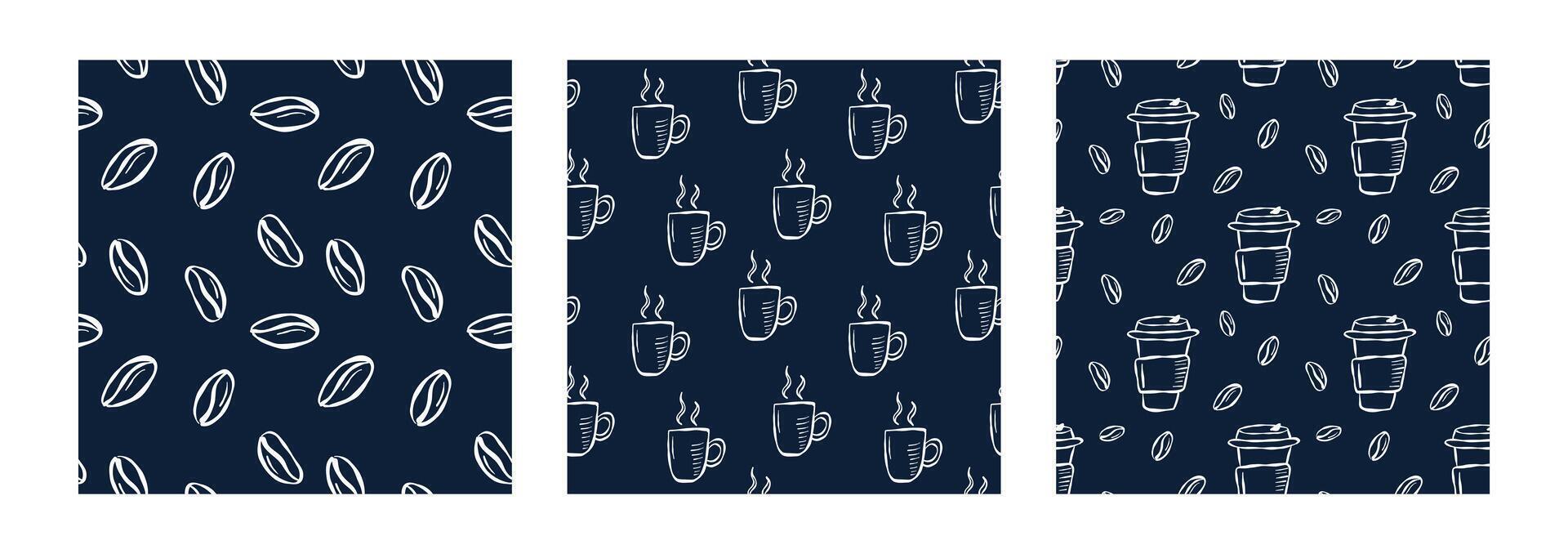 Seamless doodle coffee pattern with cups and beans vector