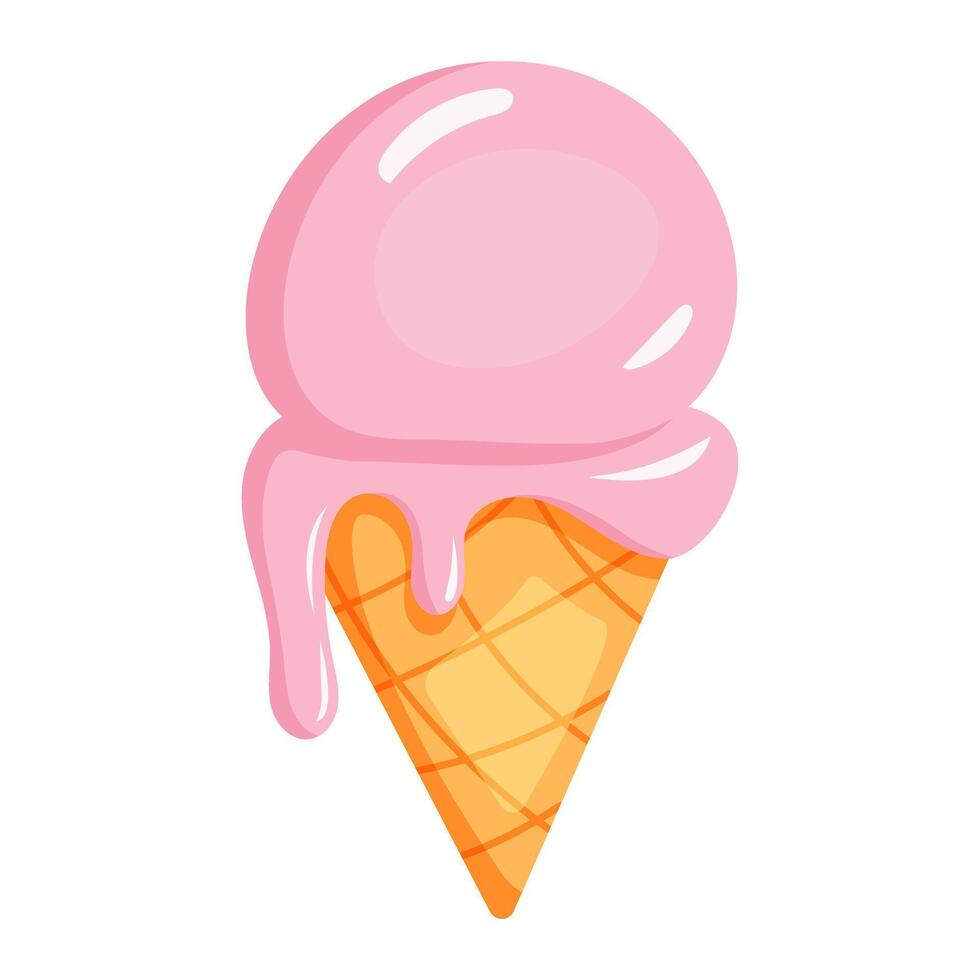 Pink ice cream cone. Cartoon vector
