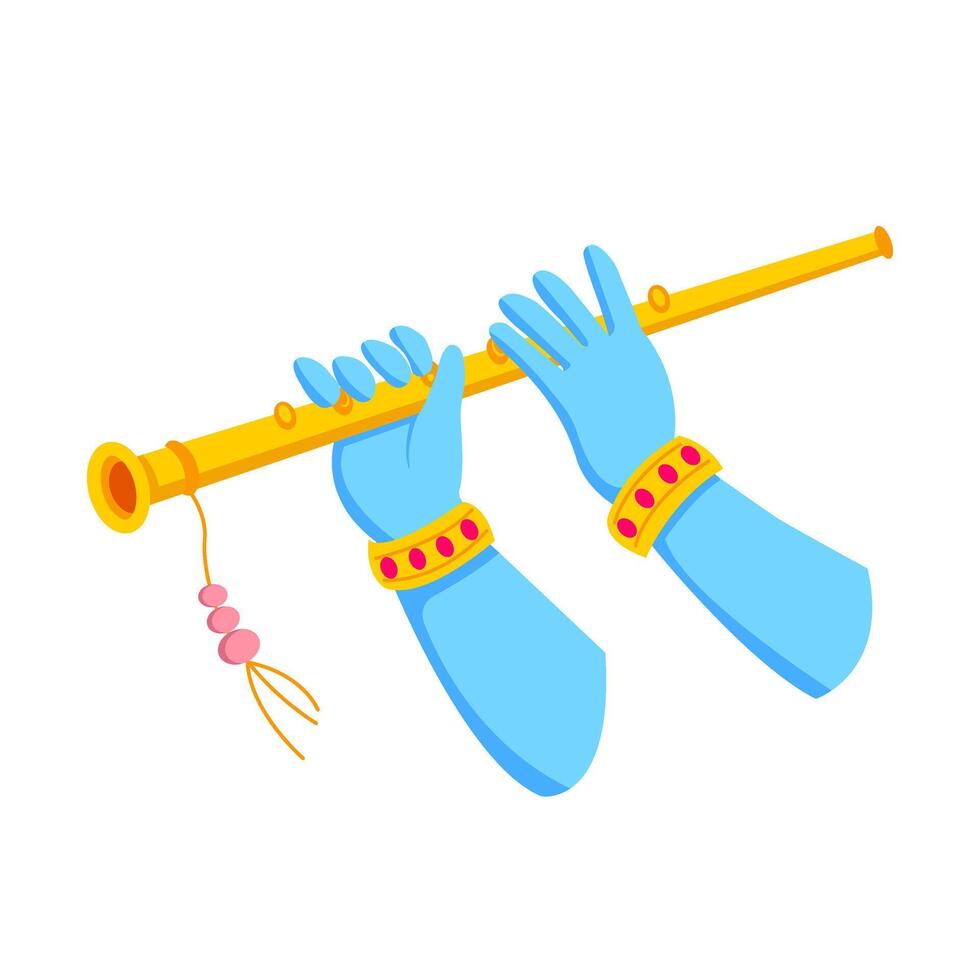 Illustration of Lord Krishna playing a yellow flute, celebrating the festival of Janmashtami, with colorful accessories. vector