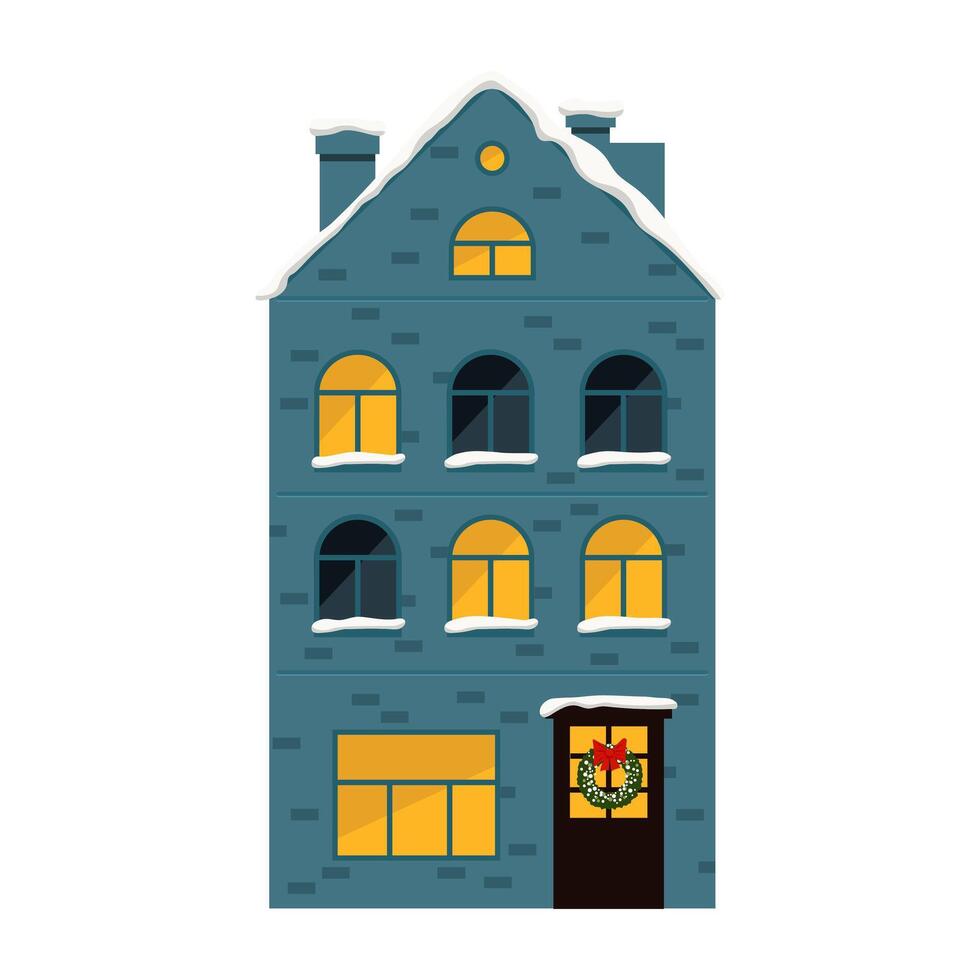 Charming Winter House with a Snowy Roof and Delightful Warm Lights Illuminating the Scene vector