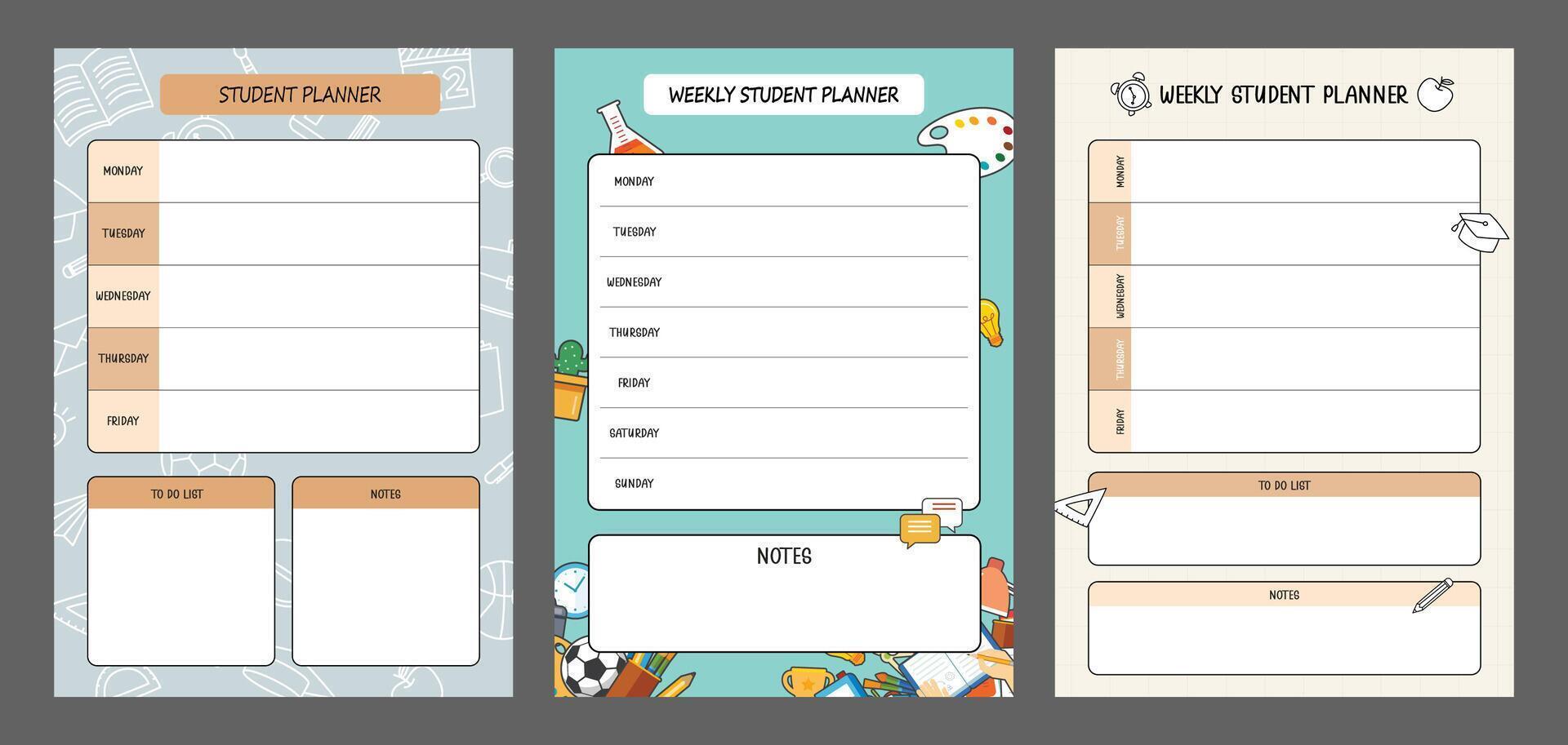 Student weekly planner for lessons and program school. vector