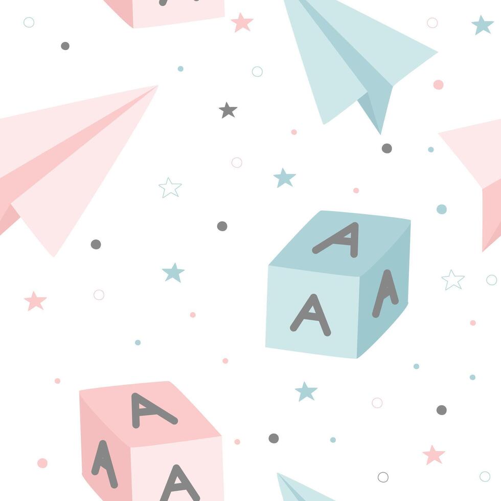 Set of seamless baby boy patterns with pastel pink and blue elements, blocks, paper planes, stars. Perfect for nursery, fabric, or stationery design vector