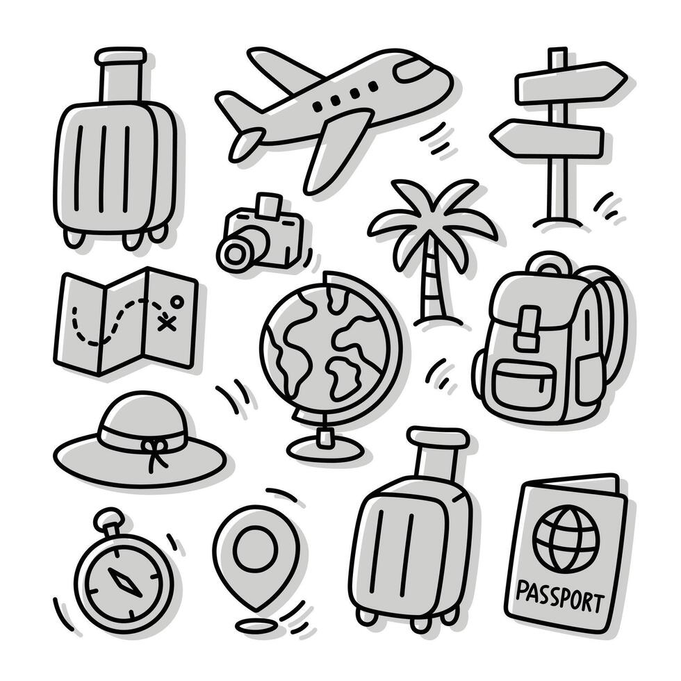 Hand drawn doodle travel icons including suitcase, airplane, backpack, globe, passport, map, and more. Perfect for travel designs, planners, or vacation illustrations vector