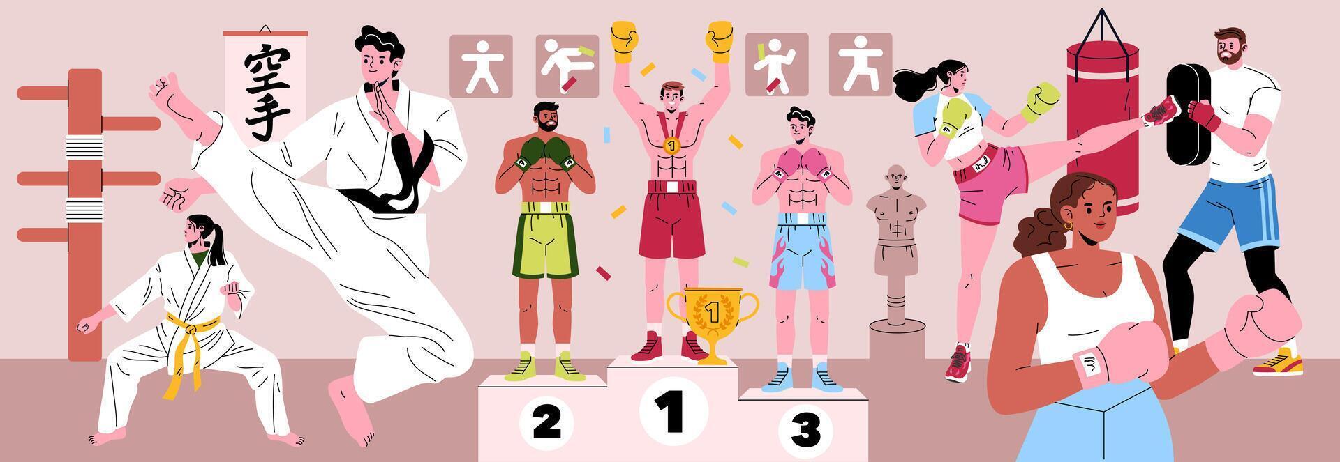 Athletes competing in martial arts and boxing vector