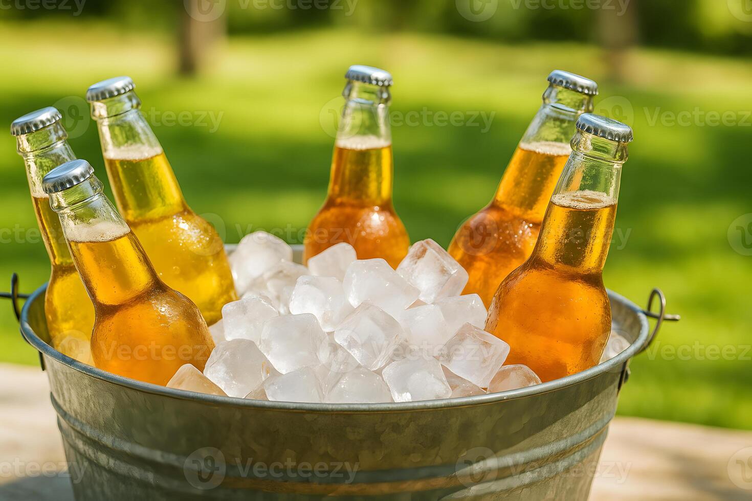 Chilled Bottles in an Ice Bucket on a Sunny Day photo