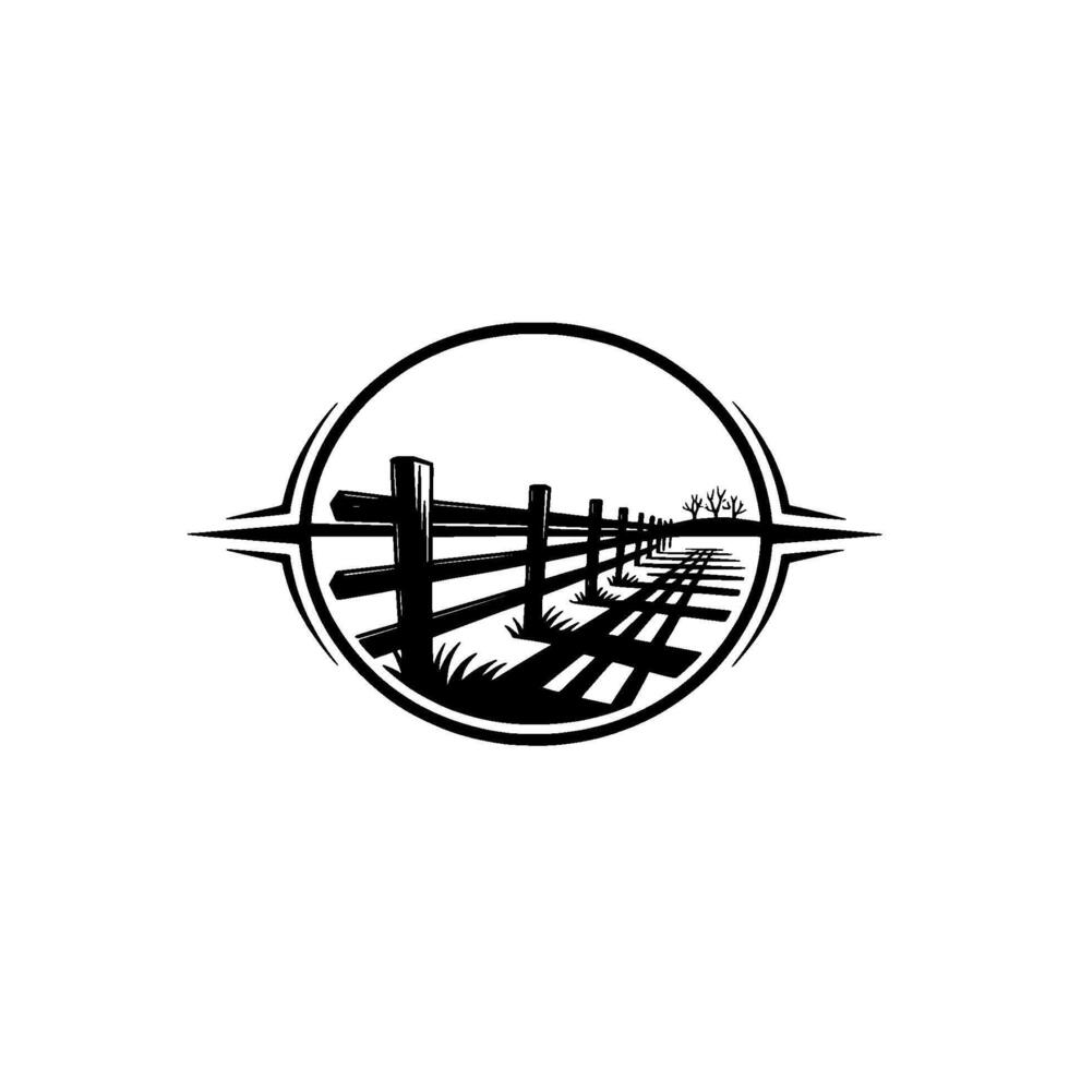 Rustic Fence Silhouette, Pastoral Landscape Emblem vector