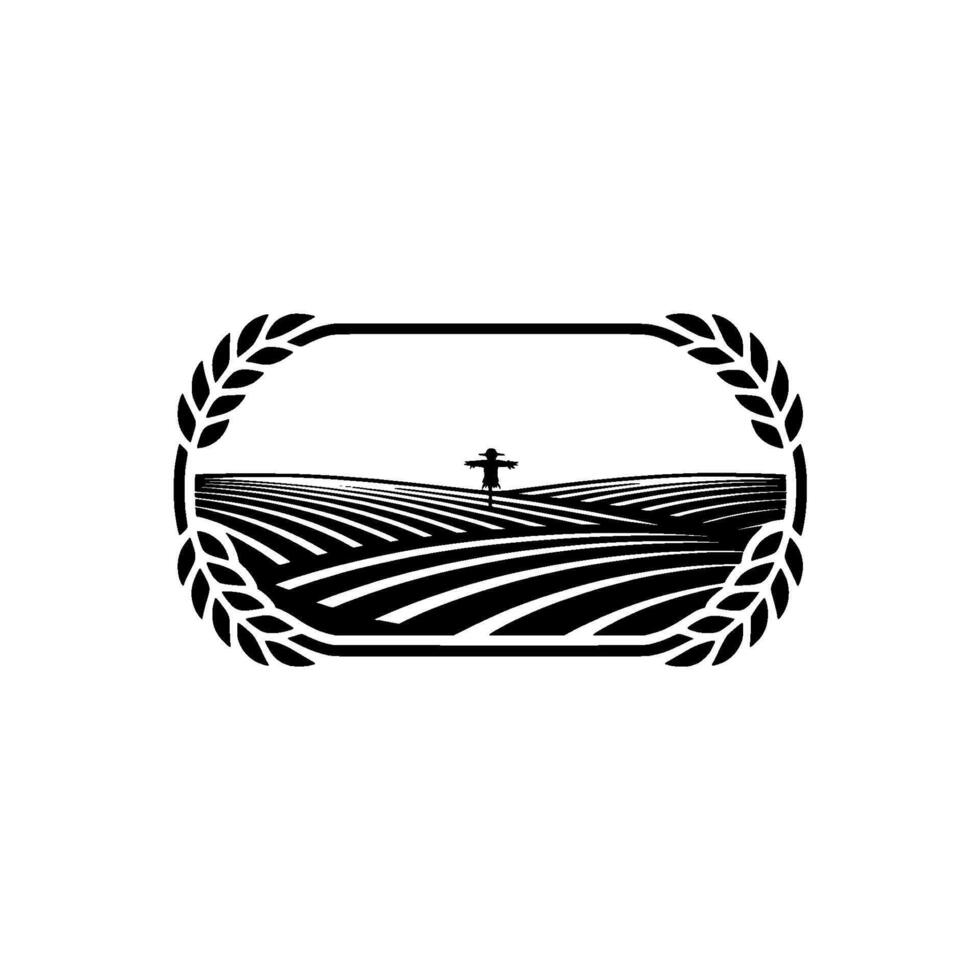 Rustic Harvest Emblem Silhouette of a Scarecrow in a Rolling Field vector