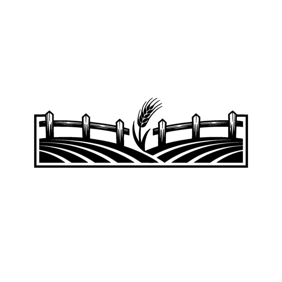 Rustic Farm Emblem Wheat Field Fence Silhouette vector