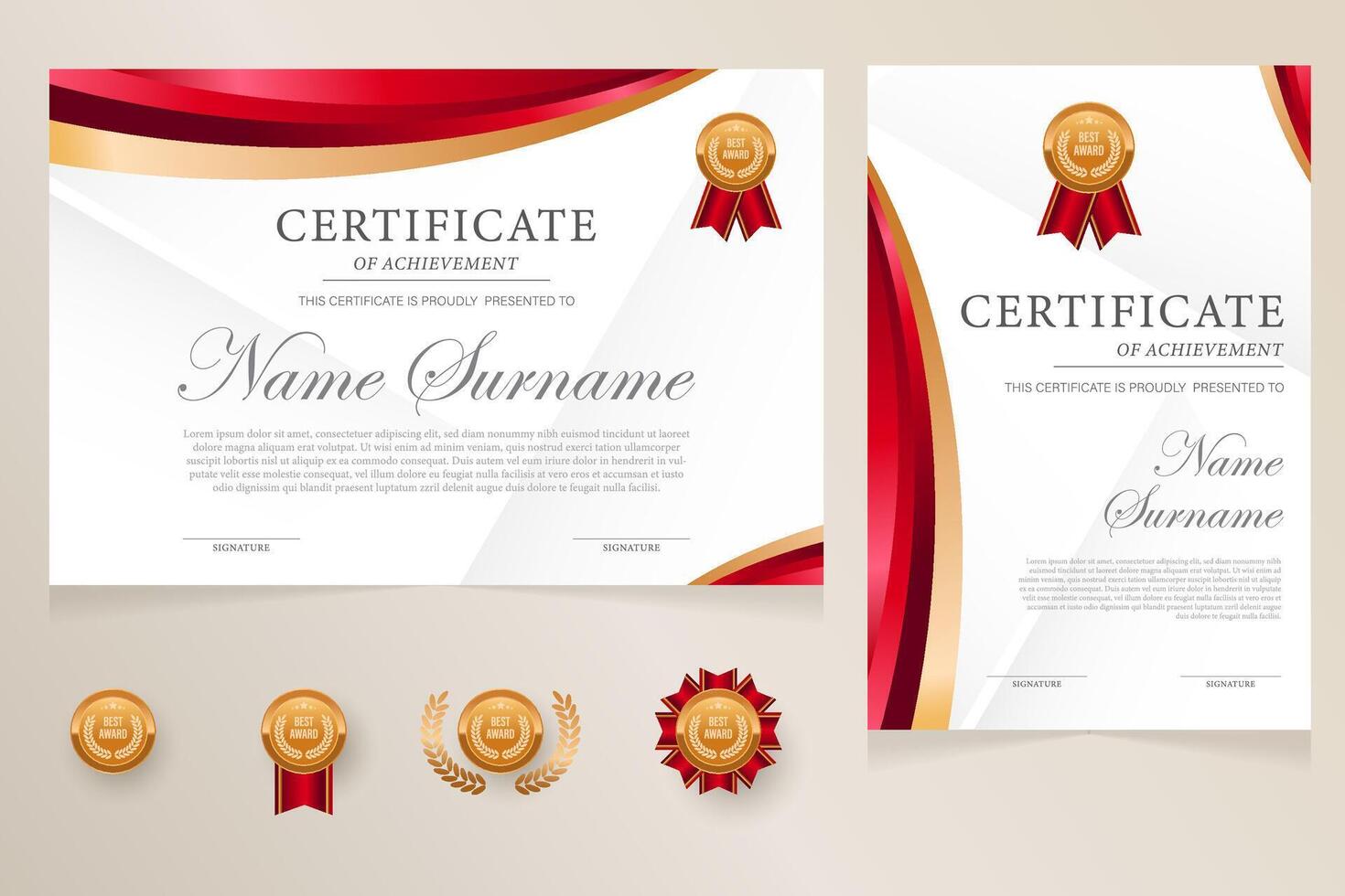 Certificates of achievement with ribbons and awards vector
