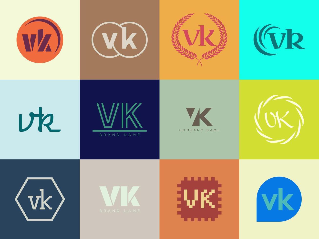 VK logo template. Letter v and k logotype. Set different classic serif lettering and modern bold text with design elements. Initial font typography. vector