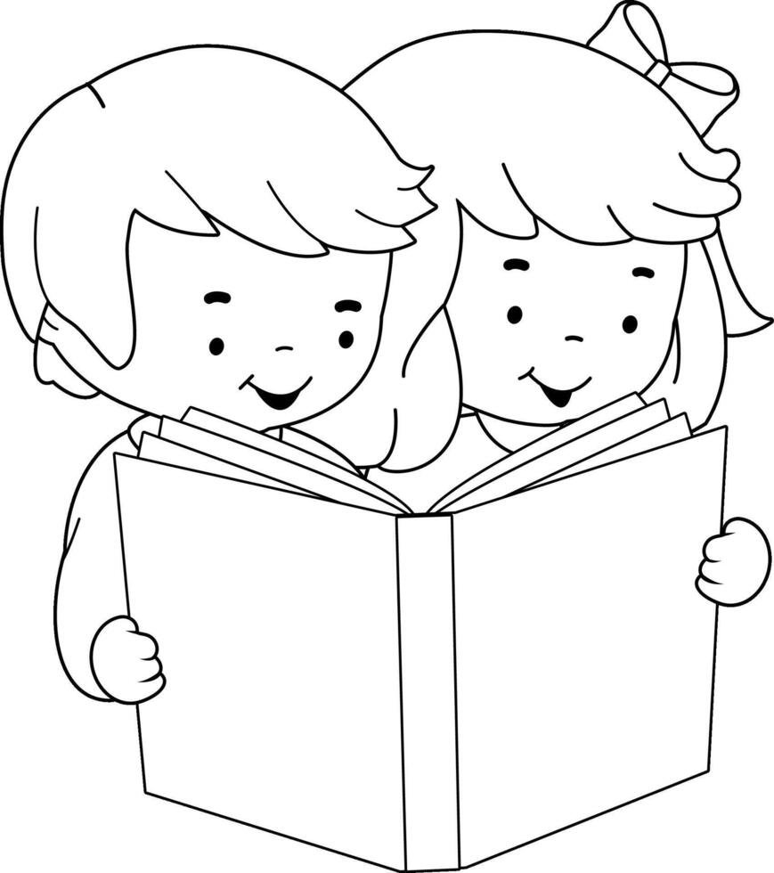 Children reading a book. Little girl and boy study together. Black and white coloring page. vector