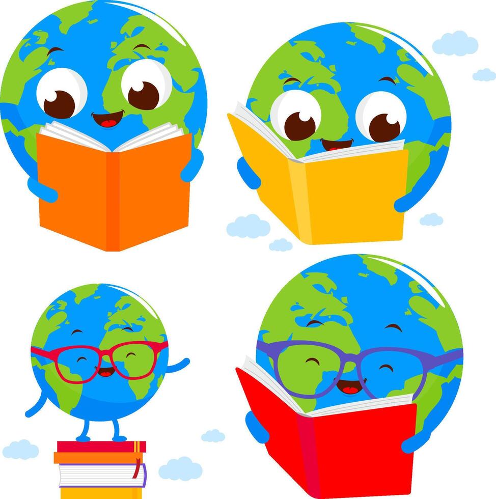 Earth characters reading books vector