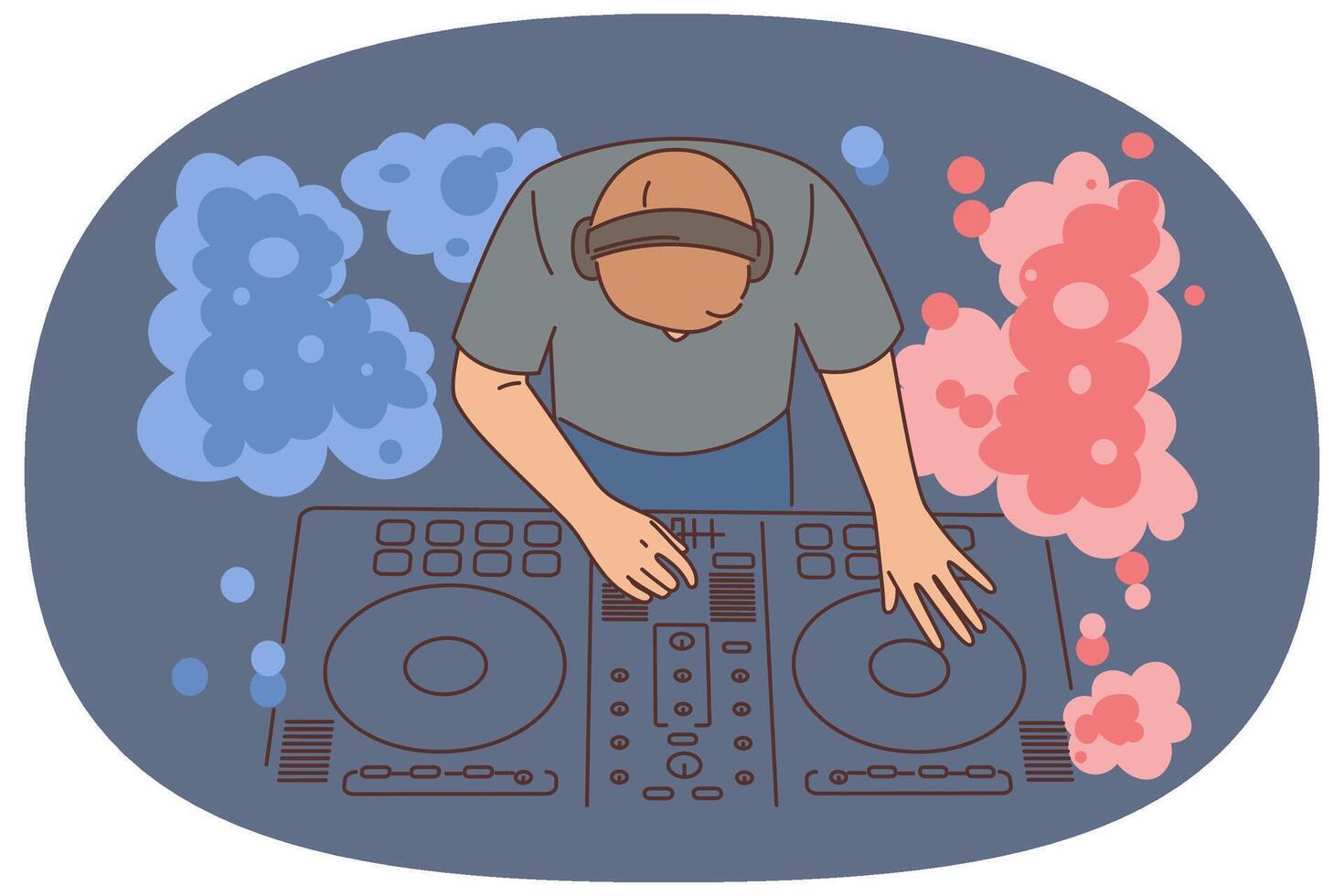 DJ at controls with colorful effects vector