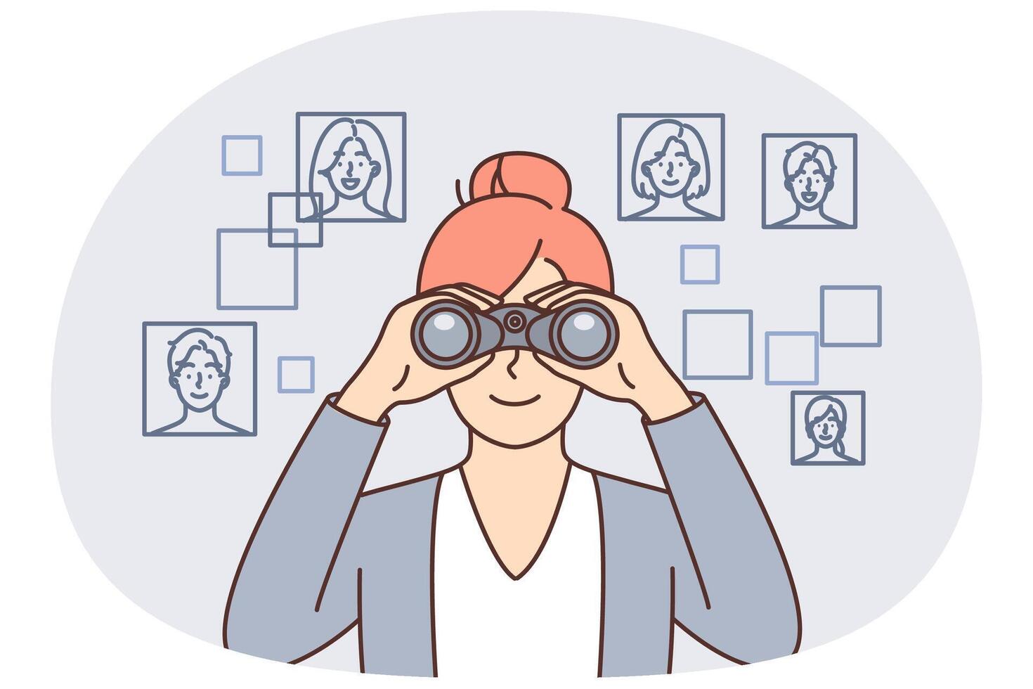 Person with binoculars observing pictures vector
