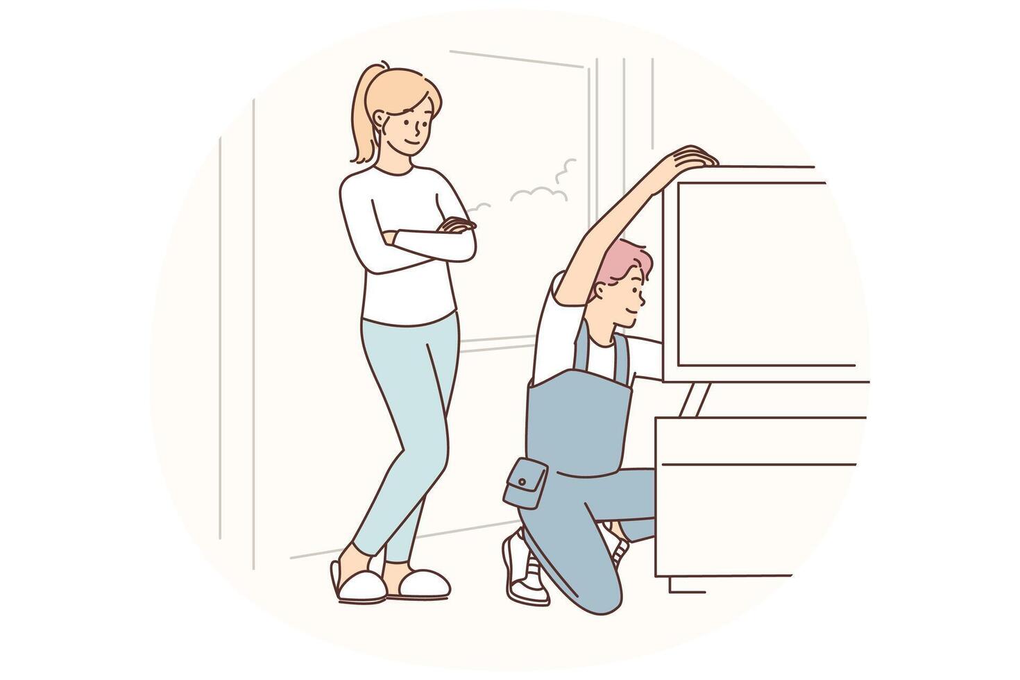 Technician installing a television at home vector
