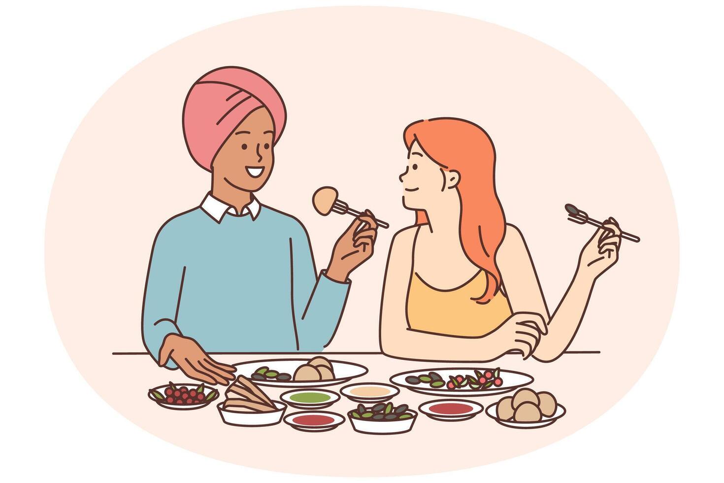 Indian man and caucasian woman are sitting at dinner table tasting traditional Indian cuisine vector