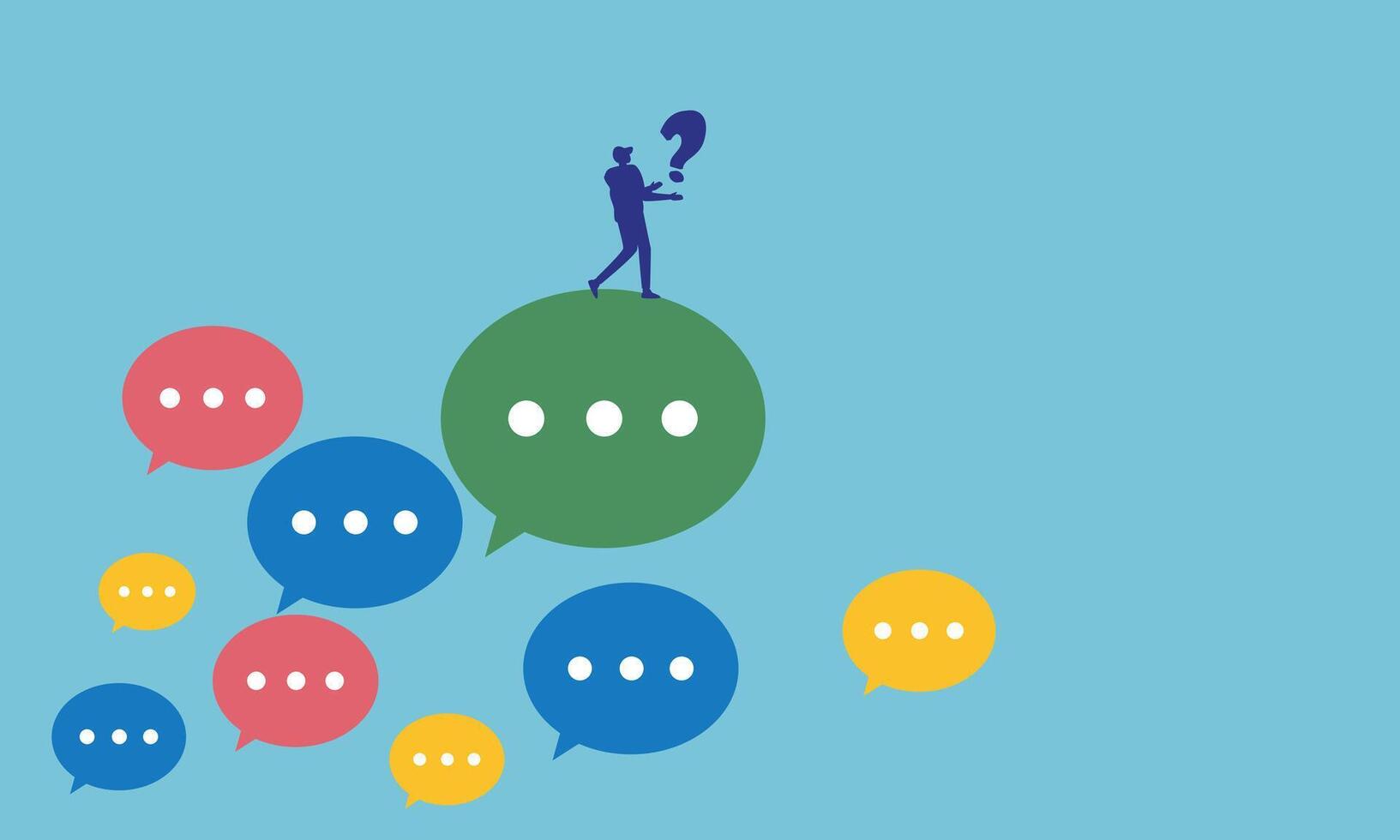 businessman looking out of speech bubble Asking business questions to find answers or solutions vector