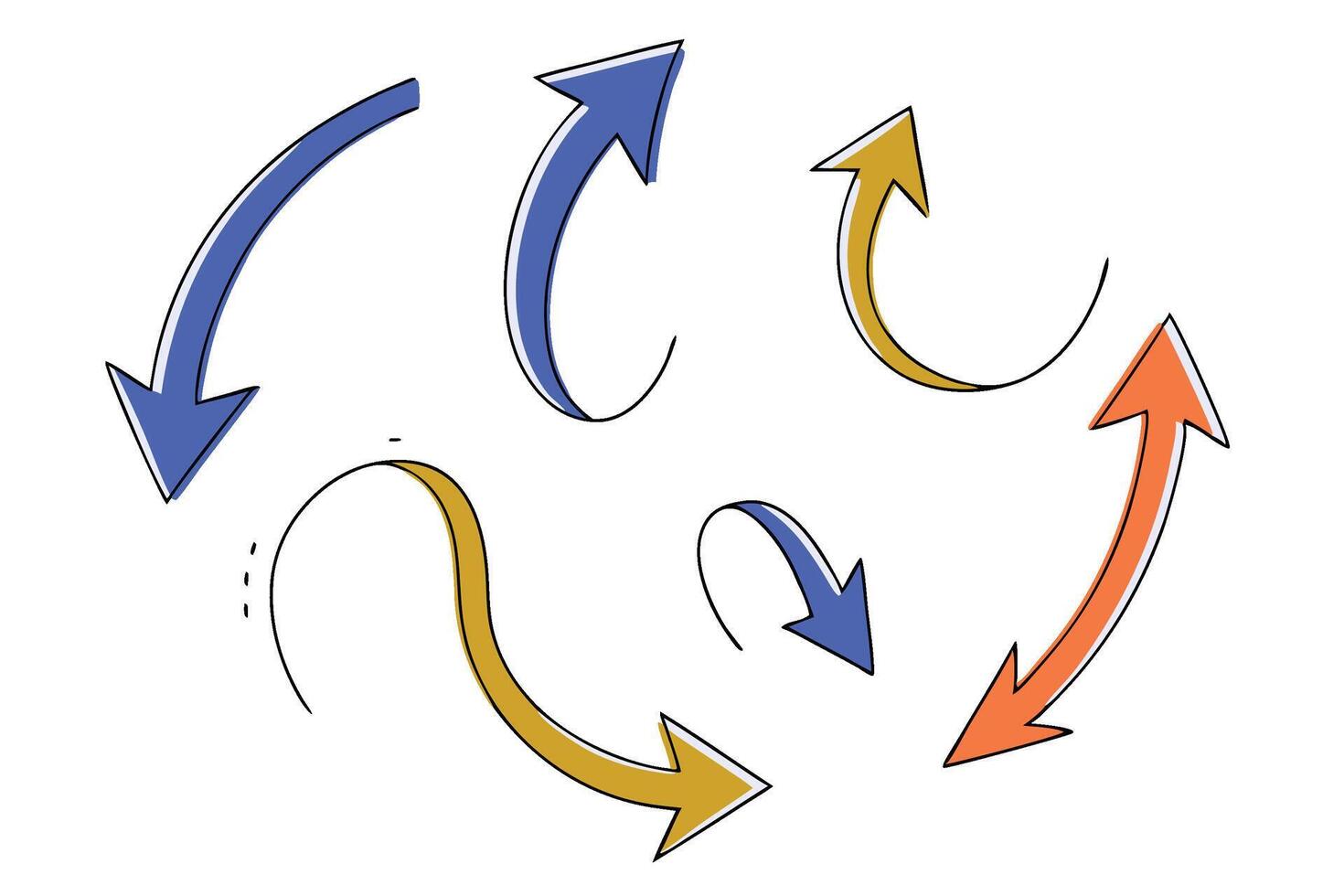 Colorful Curved Arrow Icons Hand Drawn Blue, Yellow, and Orange Arrows for Infographics and UI Design vector
