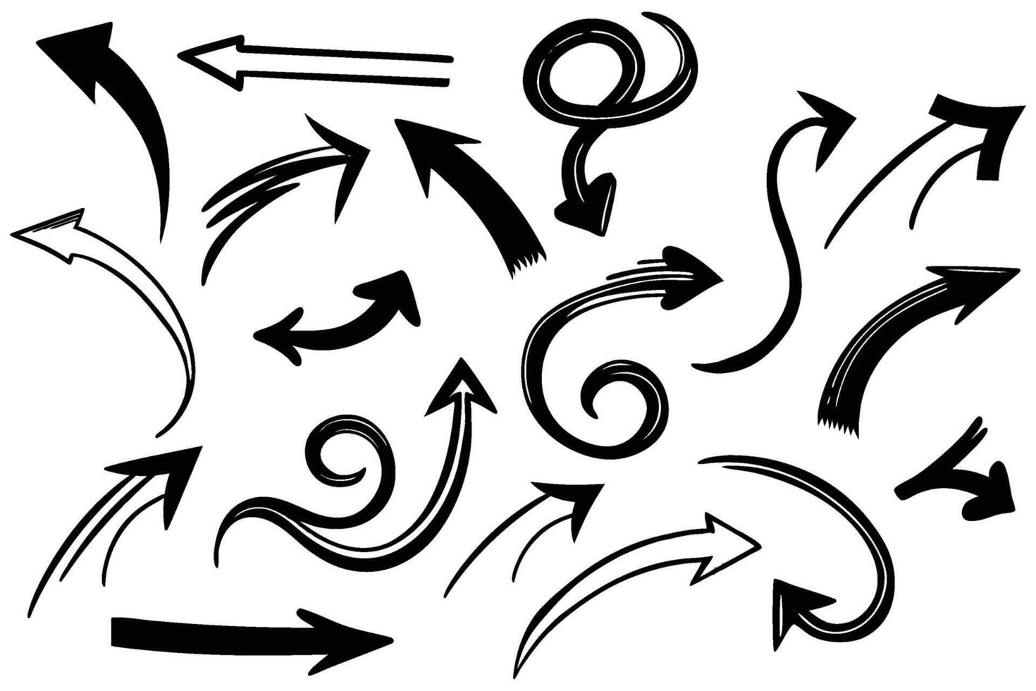 Minimal Hand-Drawn Arrow Collection in Black Ink Brush Style on White Background vector
