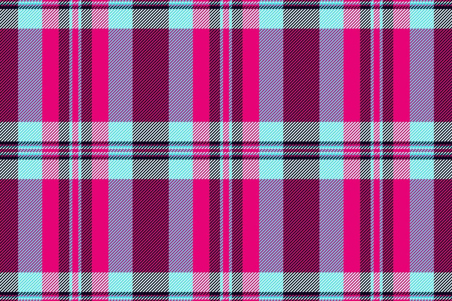 Vibrant pink, purple, and aqua plaid pattern. Perfect for textile designs, fashion, websites, or packaging. Bold geometric texture adds energy and style. Ideal for creating eyecatching visuals. vector