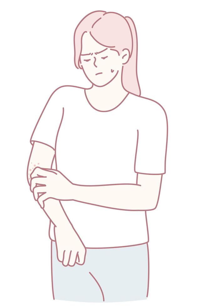 A woman experiences arm discomfort while embracing minimalism, reflecting her health concerns vector