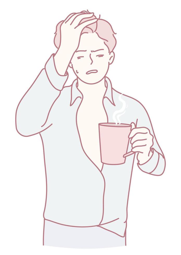 A very tired man holding a steaming coffee cup in the early morning light, feeling worn out vector