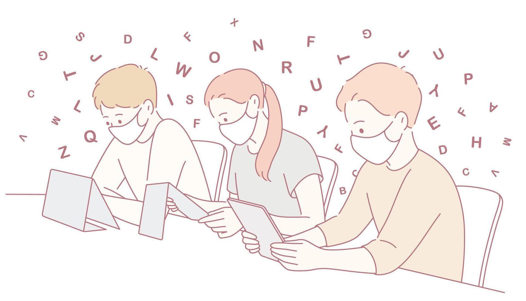Students reading on tablets in masks vector