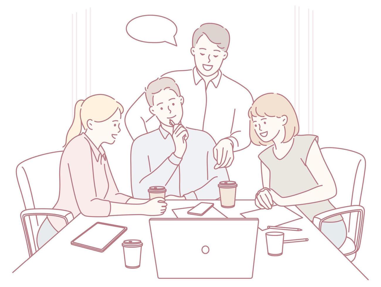 Colleagues discussing ideas around a laptop vector